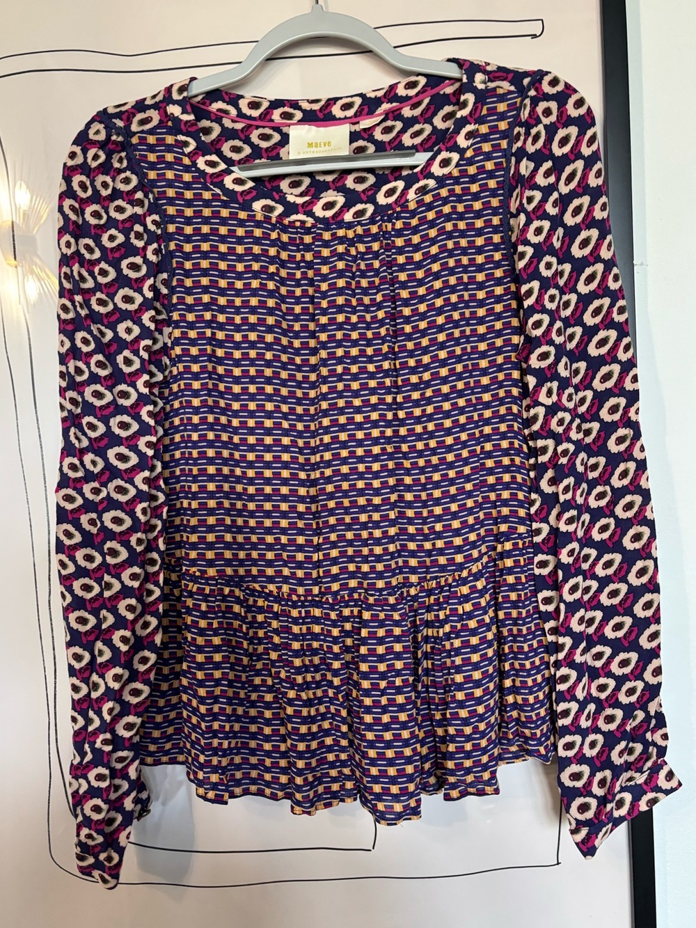 Anthropologie Maeve Purple Patterned Long-Sleeve Peplum Top
